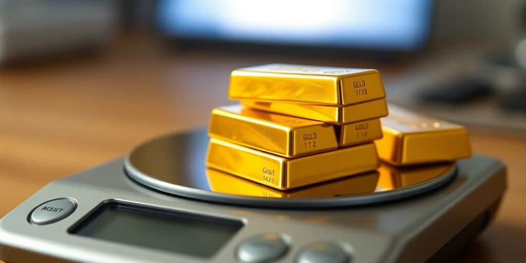 Lingots d'or empilés sur une balance de précision numérique.
