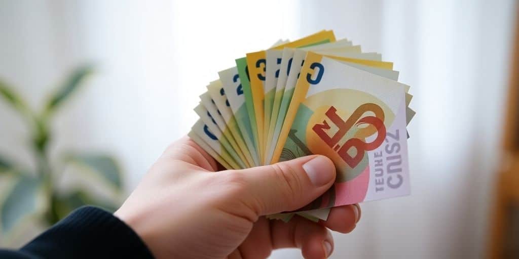 Main tenant des billets en euros variés, fond flou.