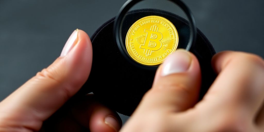 Main tenant une loupe au-dessus d'une pièce d'or