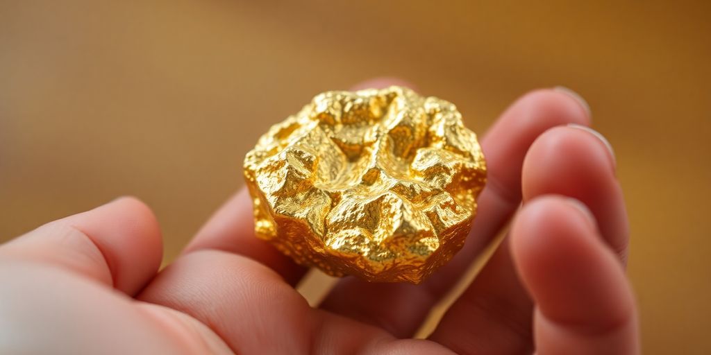 Main tenant une pépite d'or brillante