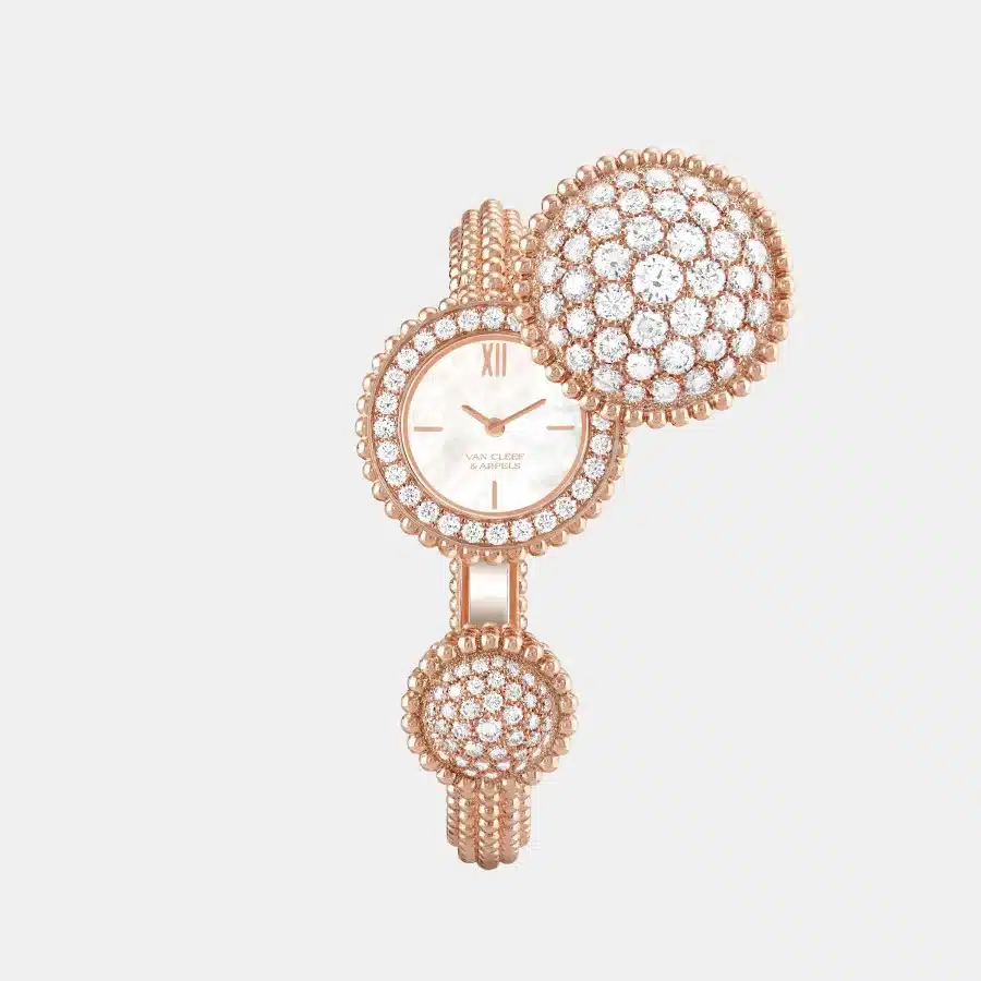 Montre Perlée Van Cleef & Arpels en or rose, diamant 5.45ct, exemplaire d'occasion en bon état