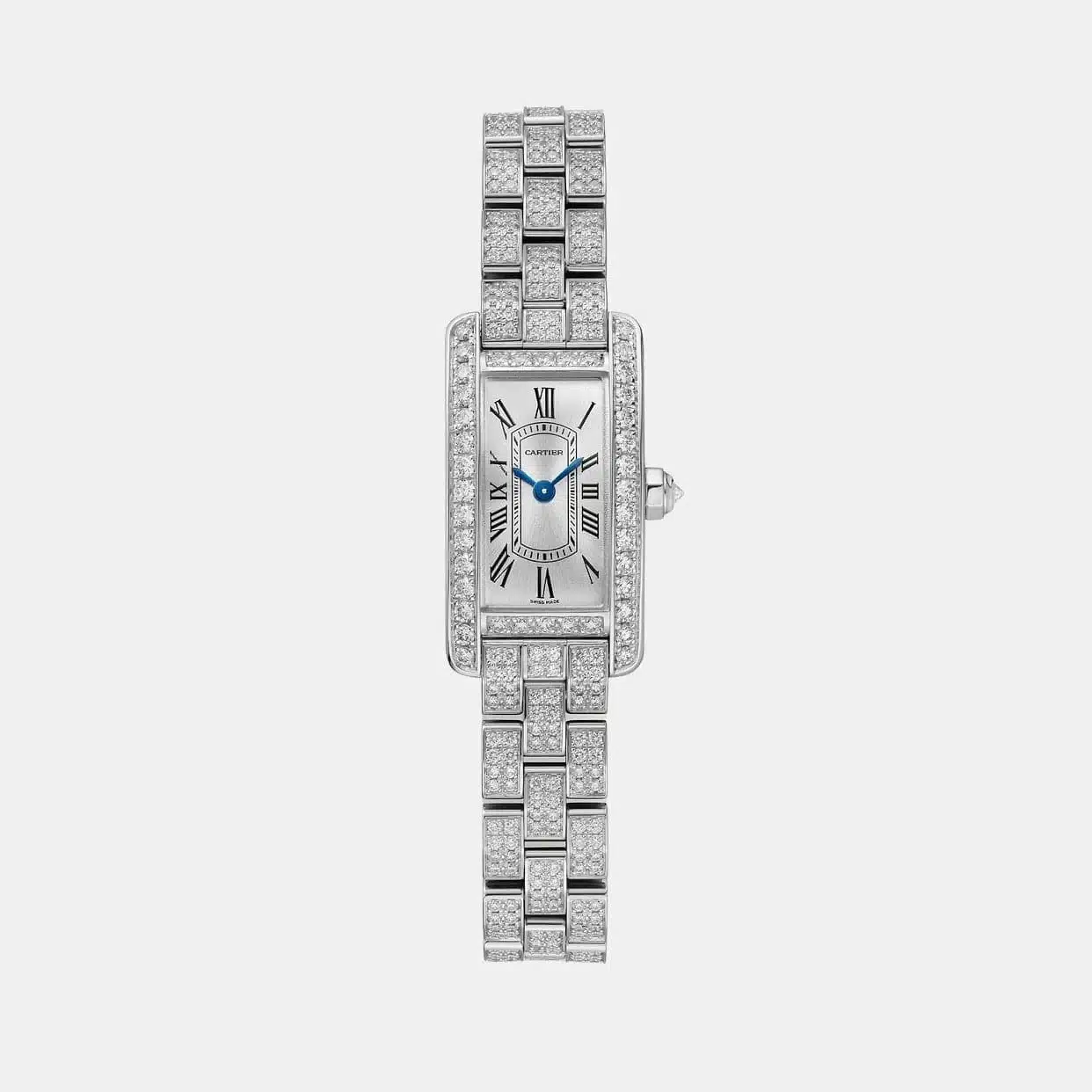 Montre Tank Américaine Cartier en or blanc, diamant — photographie du modèle, cote d’occasion GOLDMARKET