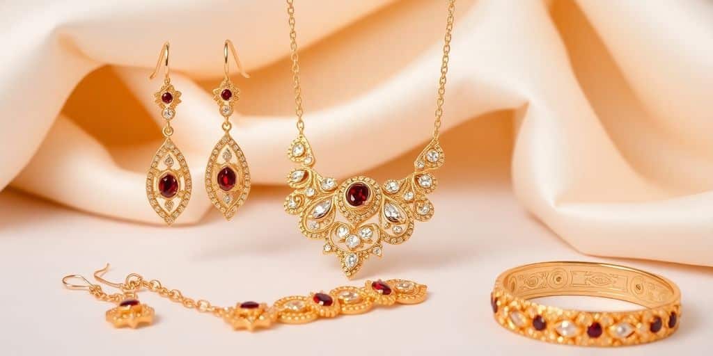 Parure de bijoux en or brillants sur fond élégant.