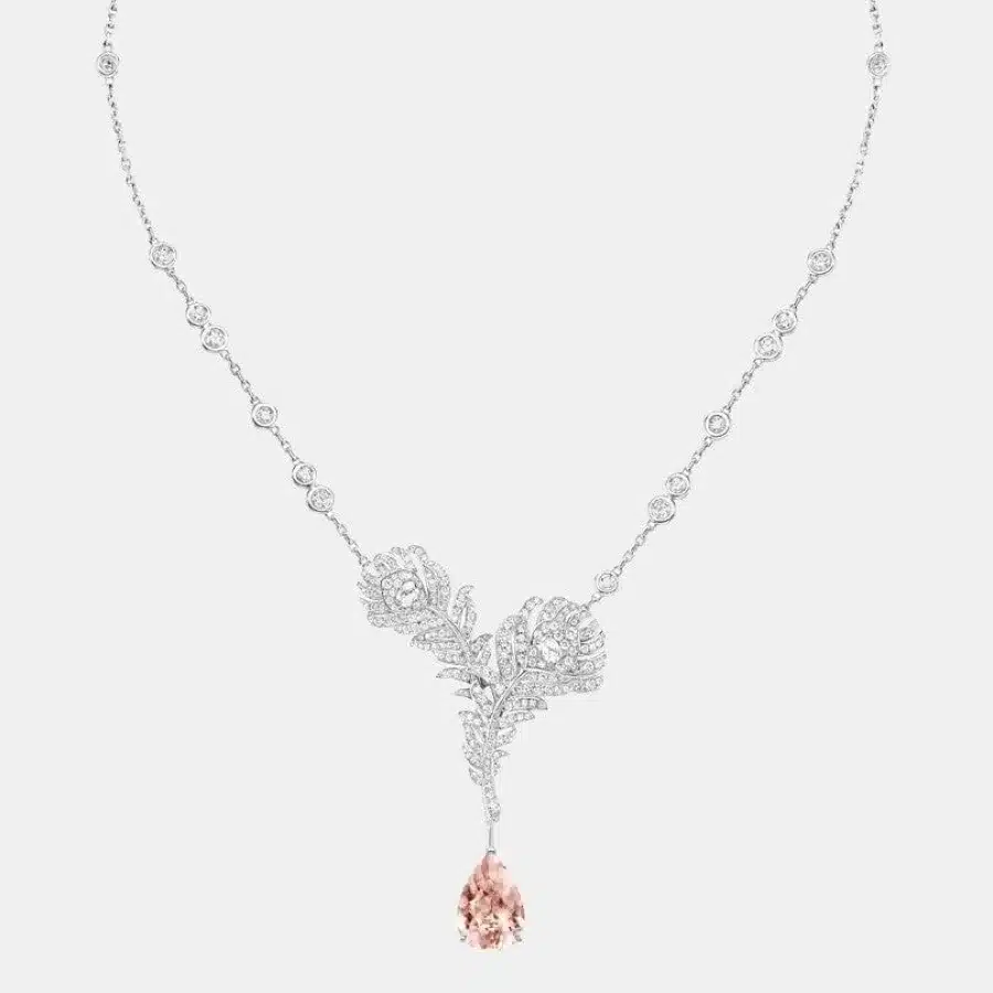 Pendentif Plume de Paon Boucheron en or blanc, morganite 5ct — photographie du modèle, cote d’occasion GOLDMARKET