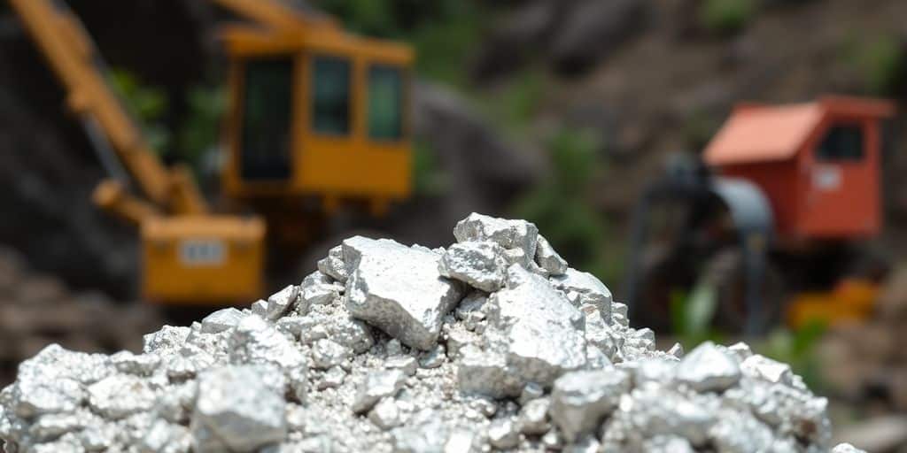 Photo de minerai d'argent et équipements miniers en arrière-plan.