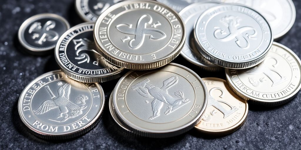 Pièces et lingots d'argent sur une surface texturée.