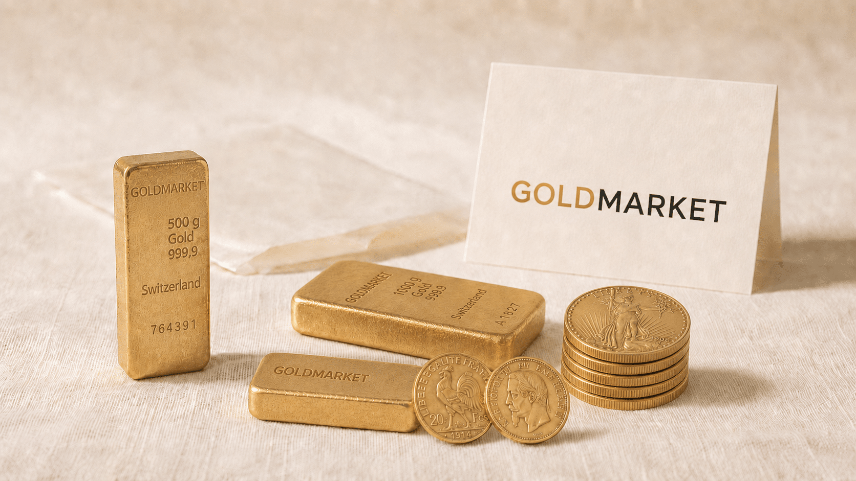 Lingots d’or GOLDMARKET de 500 g et 1 kg au titre 999,9 et pièces d’investissement