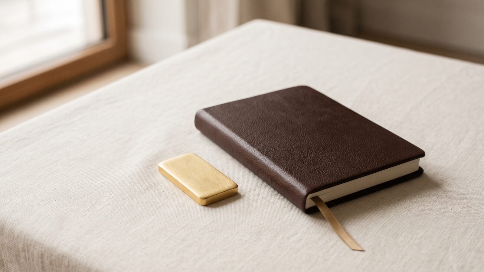 Lingotin d'or fin posé à côté d'un agenda relié fermé, sur une nappe en lin crème