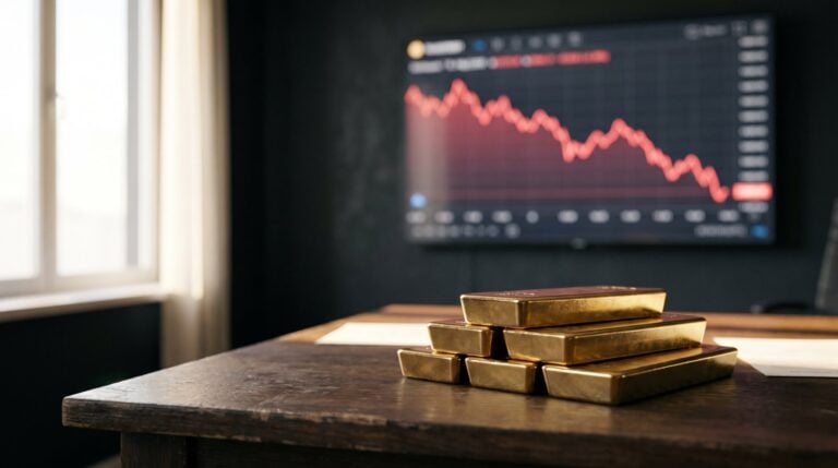 Lingots d'or fin sur un bureau de trading, courbe du cours de l'or en baisse en arrière-plan