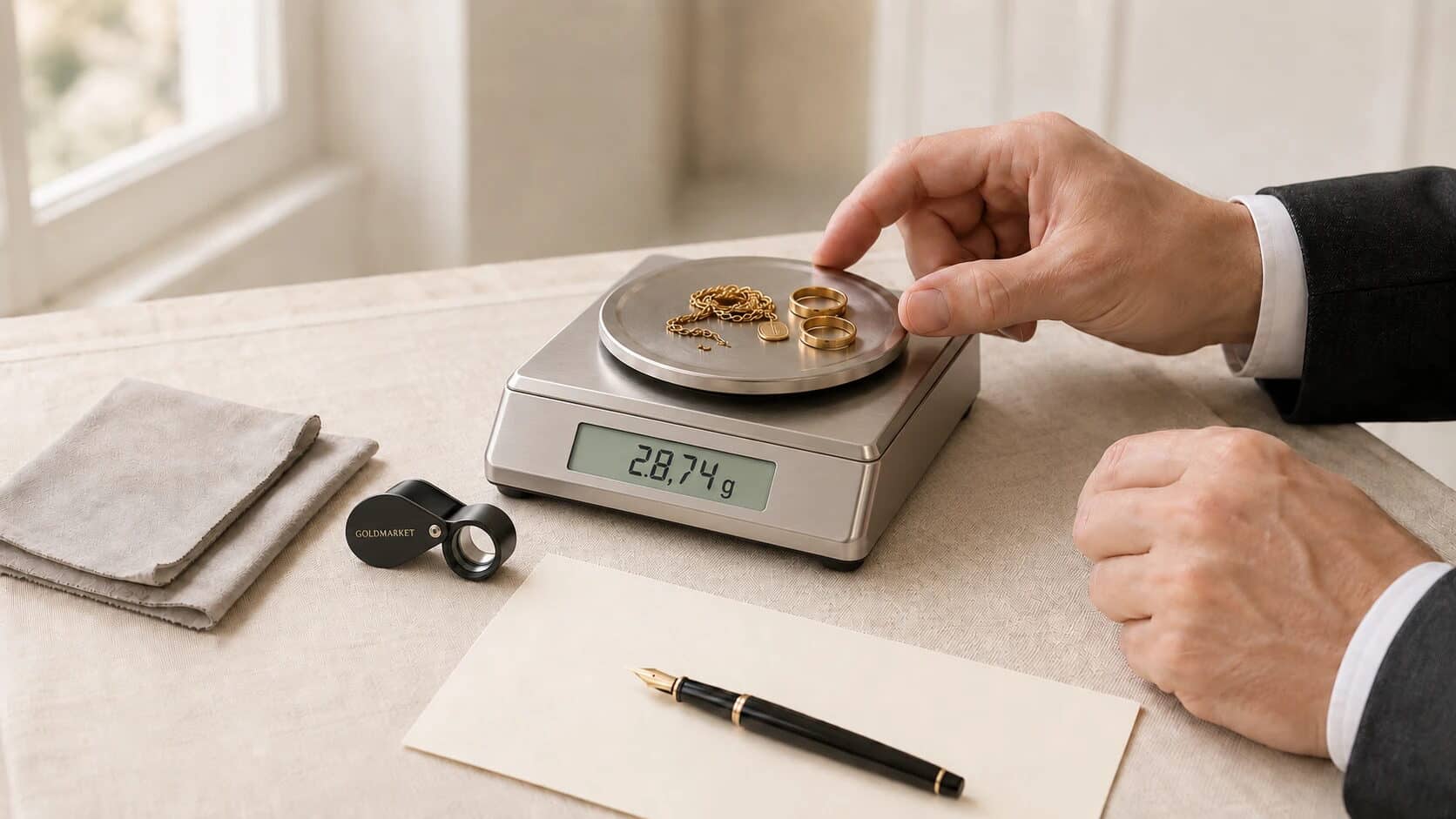 Pesée de bijoux en or sur une balance de précision en agence GOLDMARKET : 28,74 g affichés, loupe de joaillier et bordereau d’estimation posés sur la table