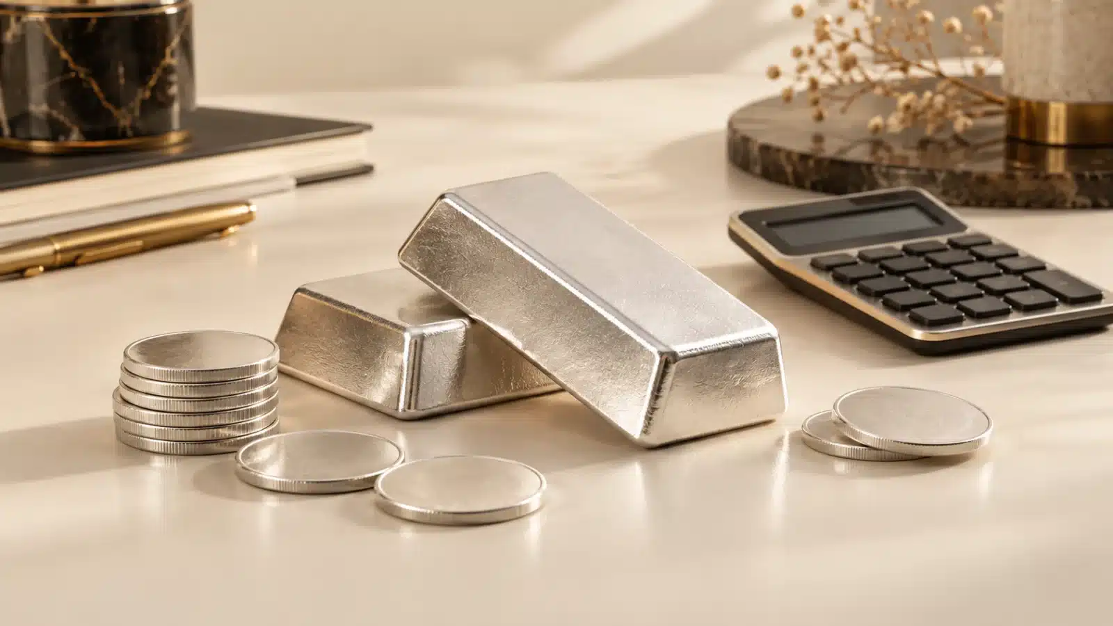 Lingots et pièces d’argent sur un bureau, avec une calculatrice au second plan.