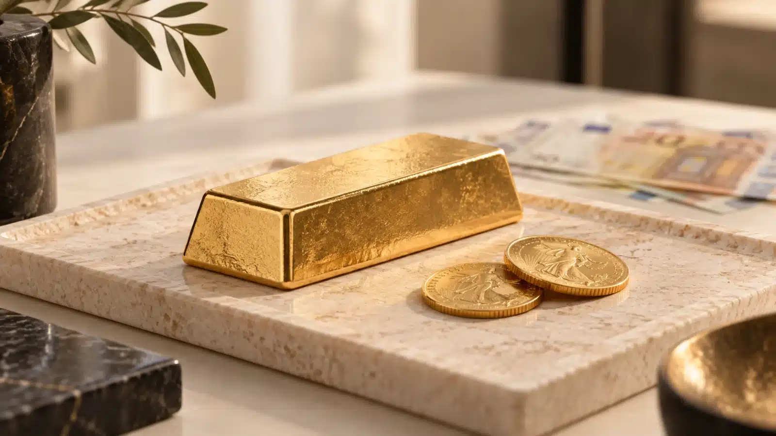Lingot et pièces d’or sur un plateau en pierre, devant des billets en euros floutés.