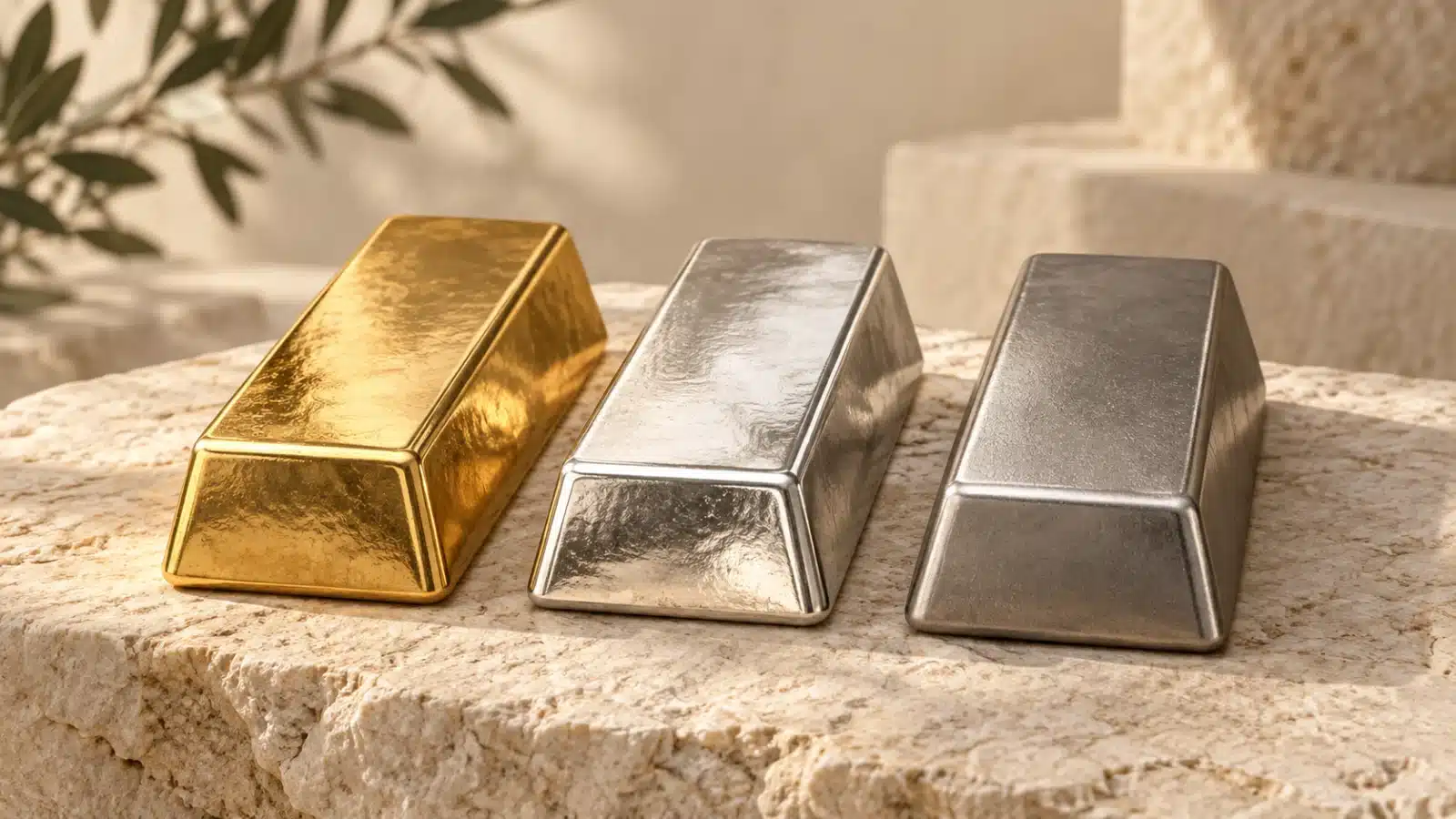 Trois lingots illustrant l’or, l’argent et le platine sur une surface en pierre.