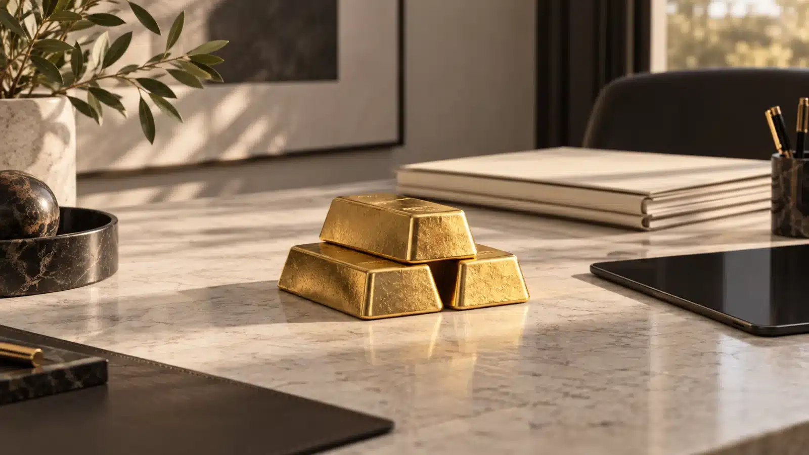 Trois lingots d’or sur un bureau d’analyste, près de dossiers et d’une tablette.