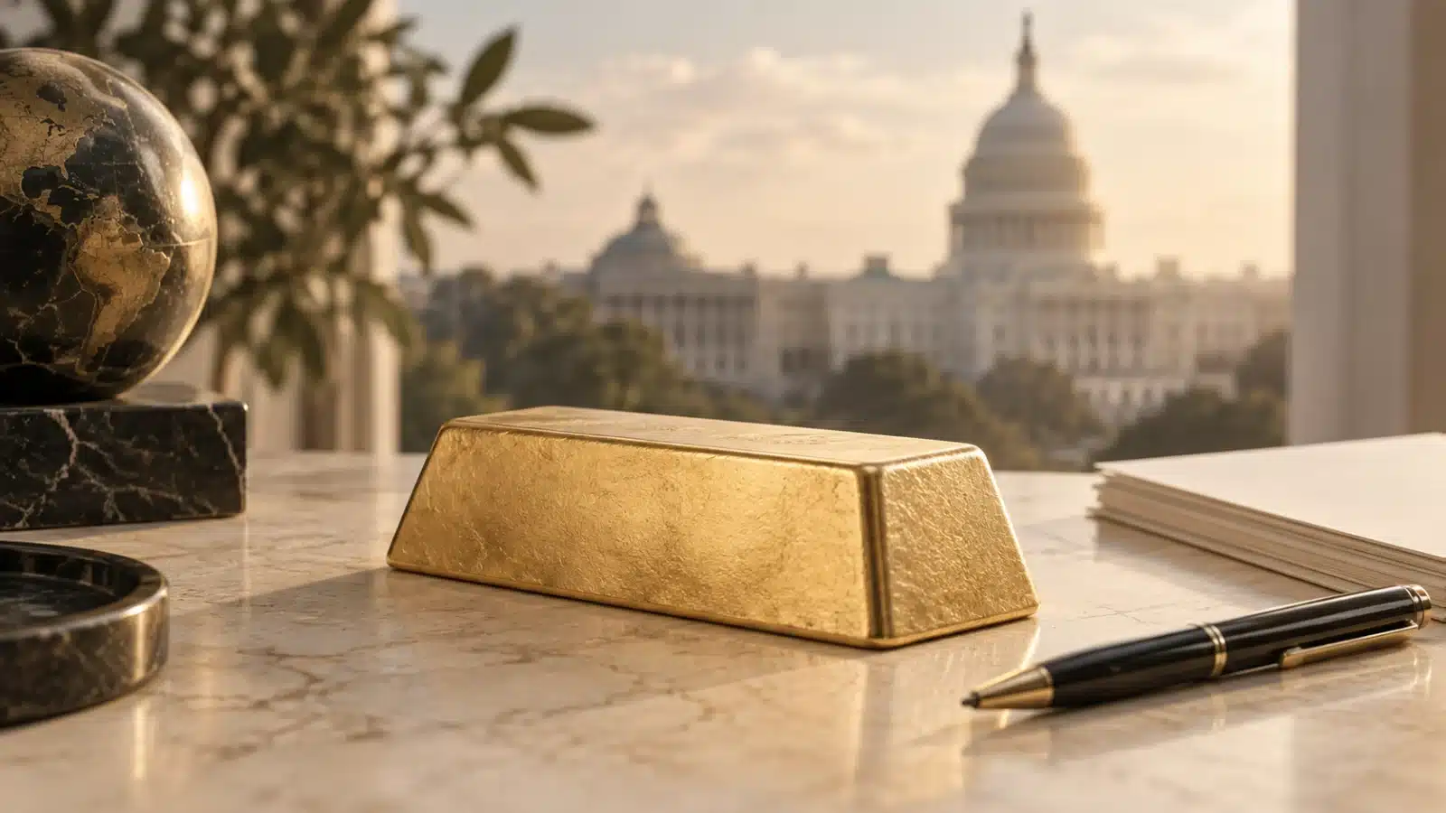 Lingot d’or sur un bureau, avec une architecture américaine en arrière-plan.