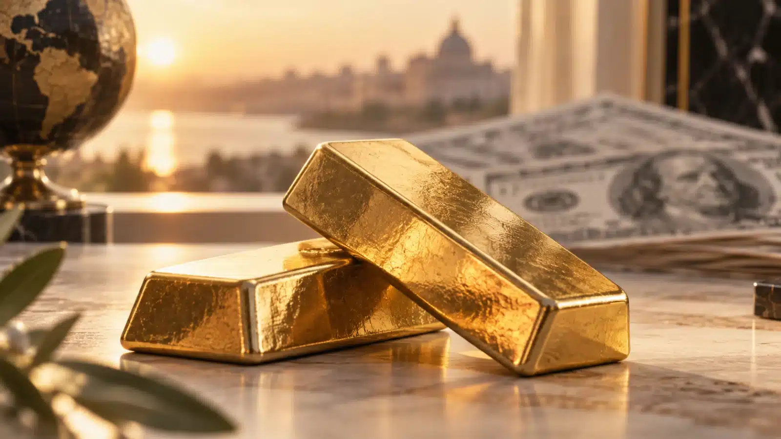 Deux lingots d’or éclairés par une lumière chaude, devant des billets américains floutés.