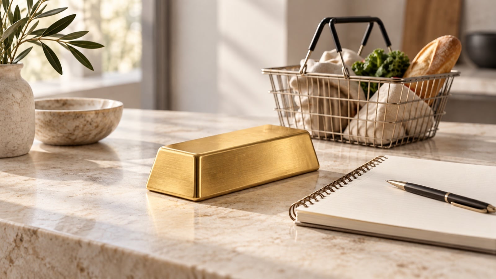 Lingot d’or près d’un carnet et d’un panier de courses, illustration du pouvoir d’achat