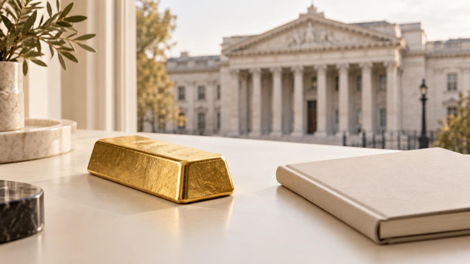 Lingot d’or et carnet devant une façade institutionnelle en arrière-plan